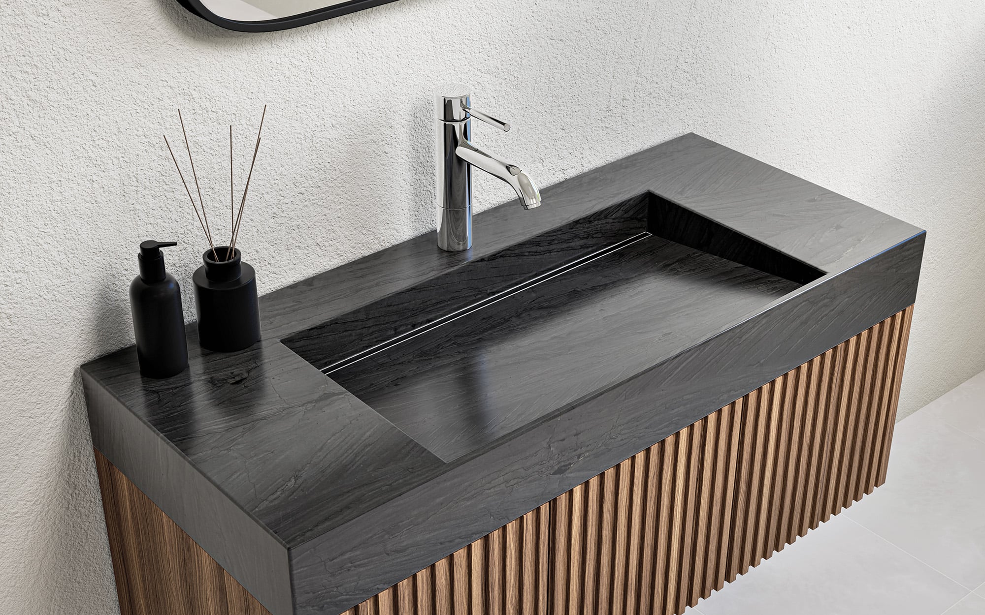 Slot Linear Drain by Infinity Drain: grey stone sink with sloping basin and fluted wood base 