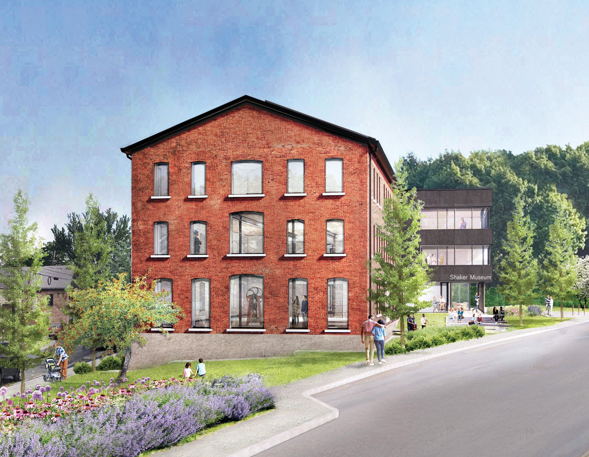 Rendering of brick-clad Shaker Museum by Selldorf Architects, plus surrounding greenery 