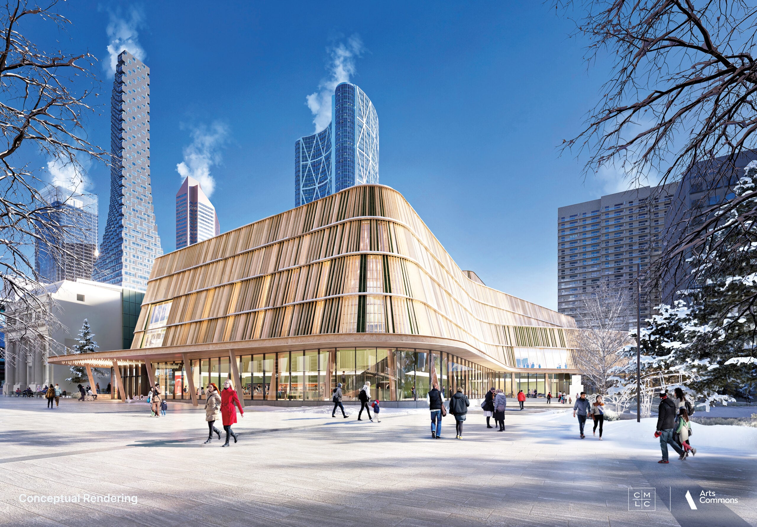 Rendering of winter scene featuring a large arts performing arts building in Calgary with a dynamic wood facade
