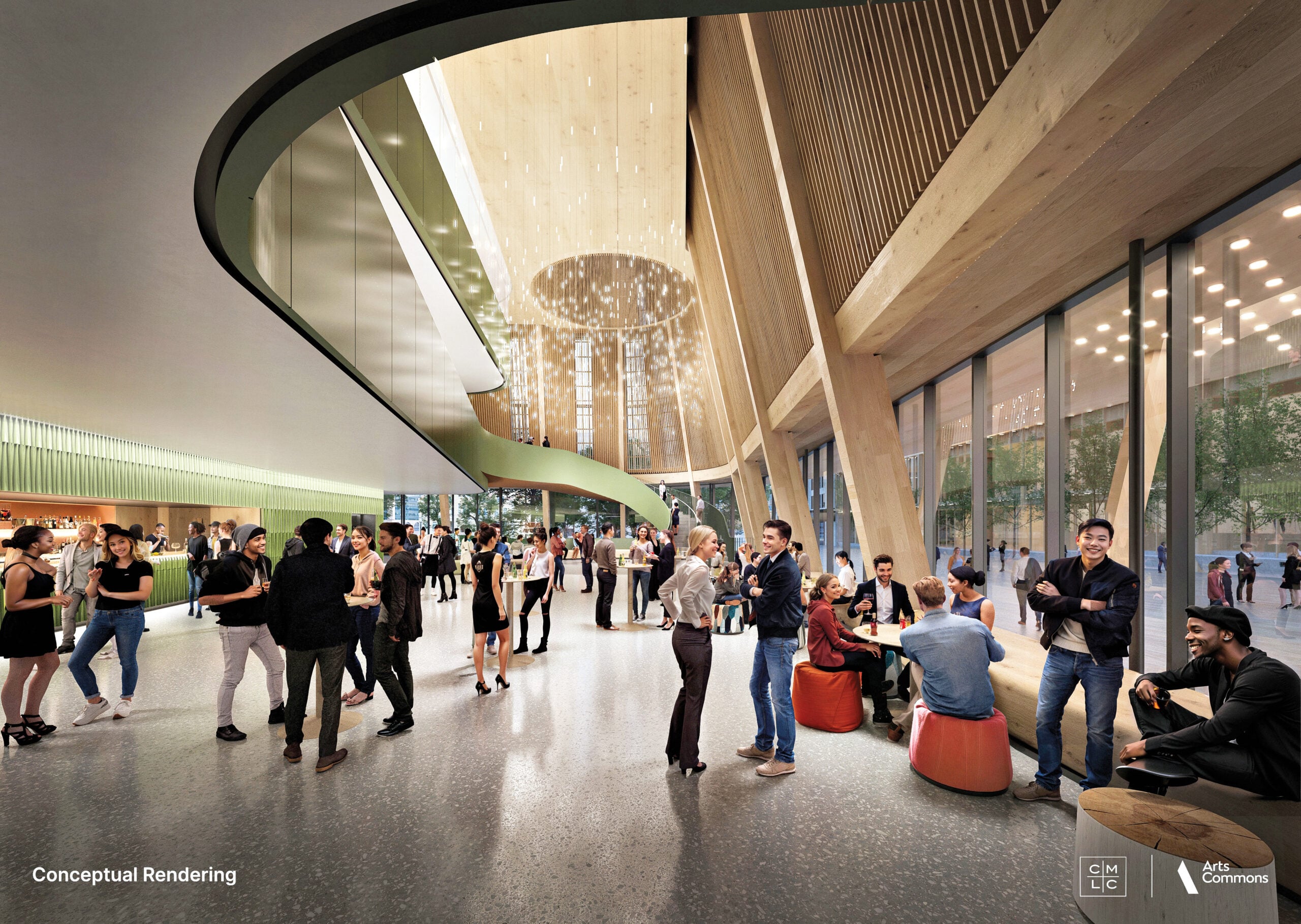 Rendering of a gathering space with lots of people talking and sitting on wood benches, with wood facade and green staircase