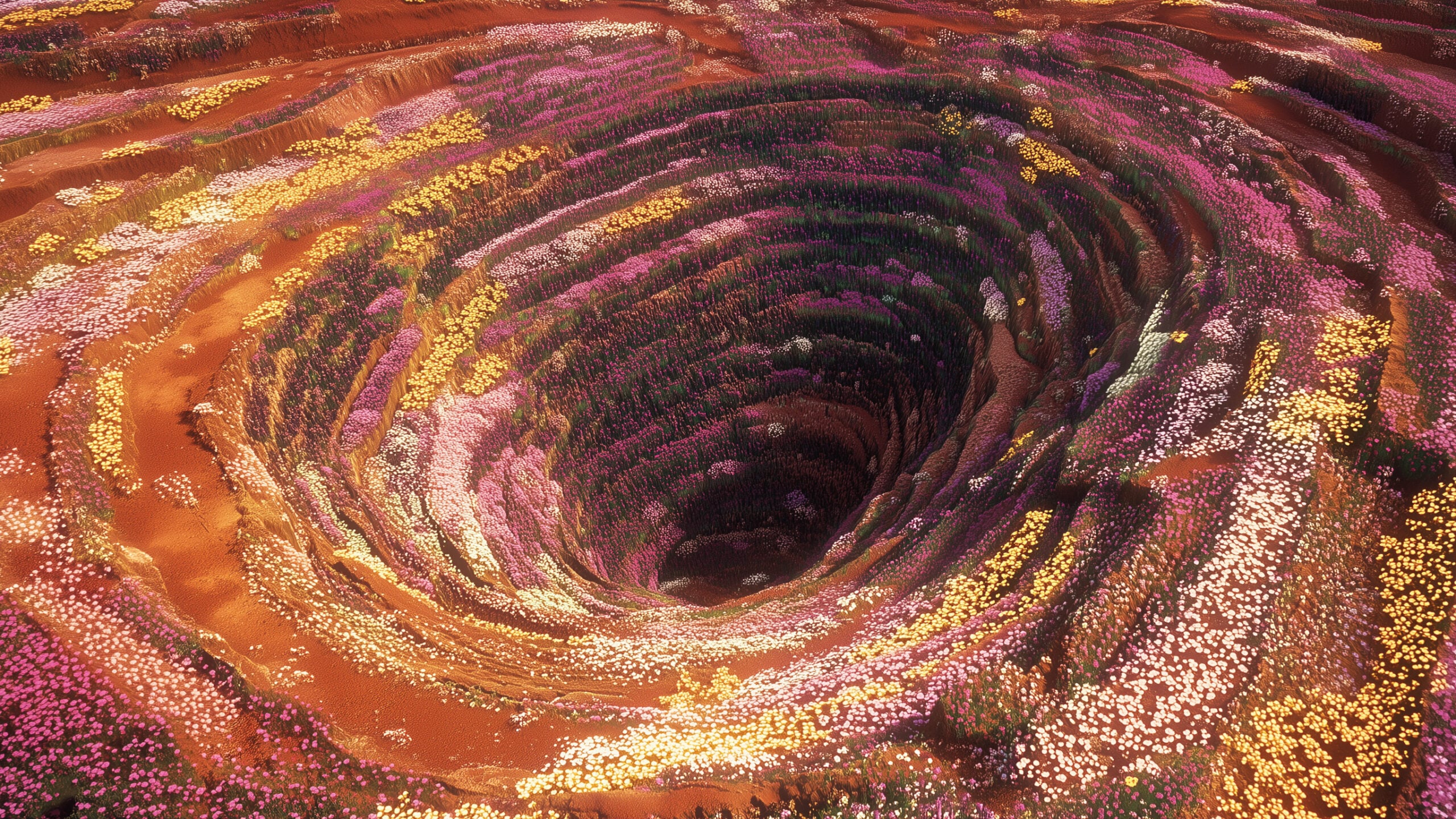 Spiral crater filled with vibrant bands of pink, yellow, and white flowers against reddish terrain.