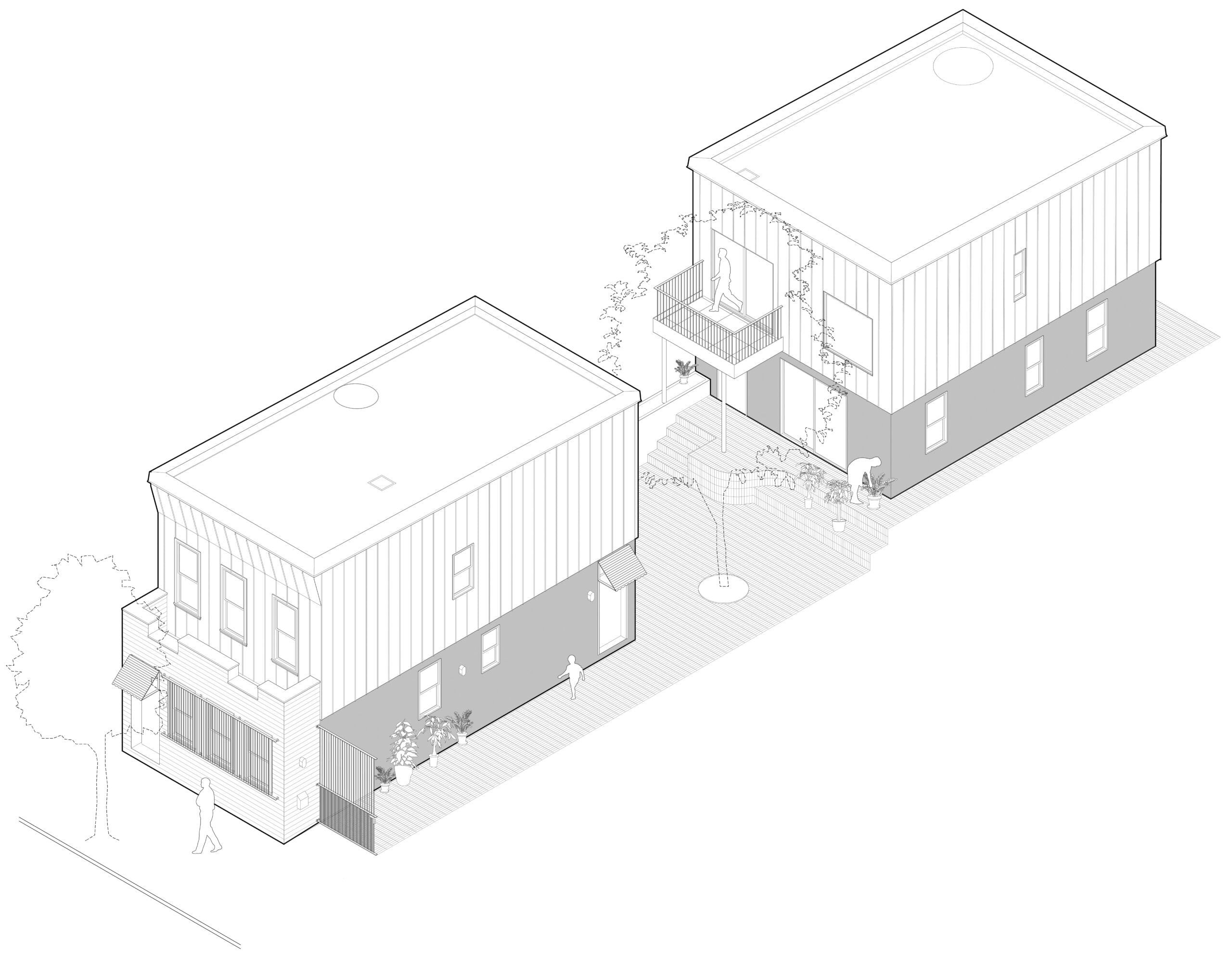 Architectural drawing of two residences that shared an internal courtyard