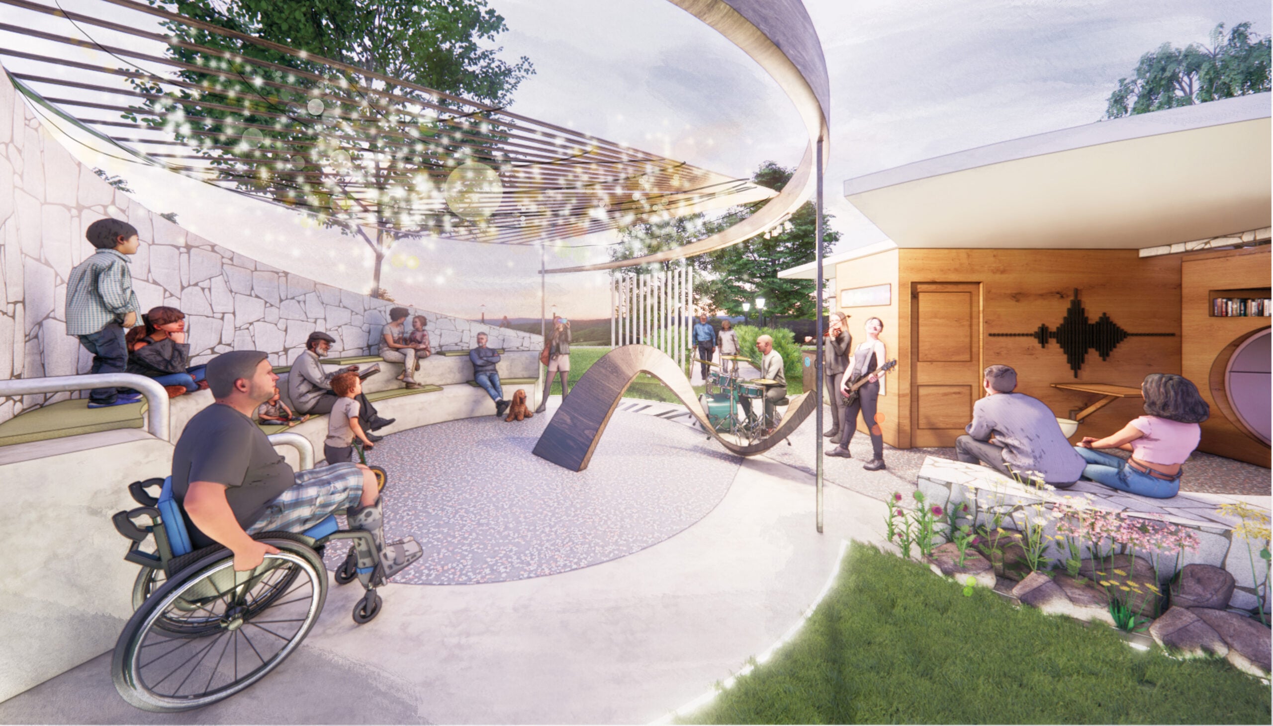 Zhuyun (Joy) Xu's rendering of an outdoor music park with performers and an engaged audience