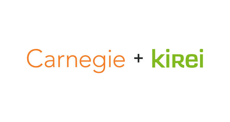 Carnegie logo in orange next to a plus sign and the Kirei logo in green on a white background, reflecting their collaboration in the Sustainability Lab.