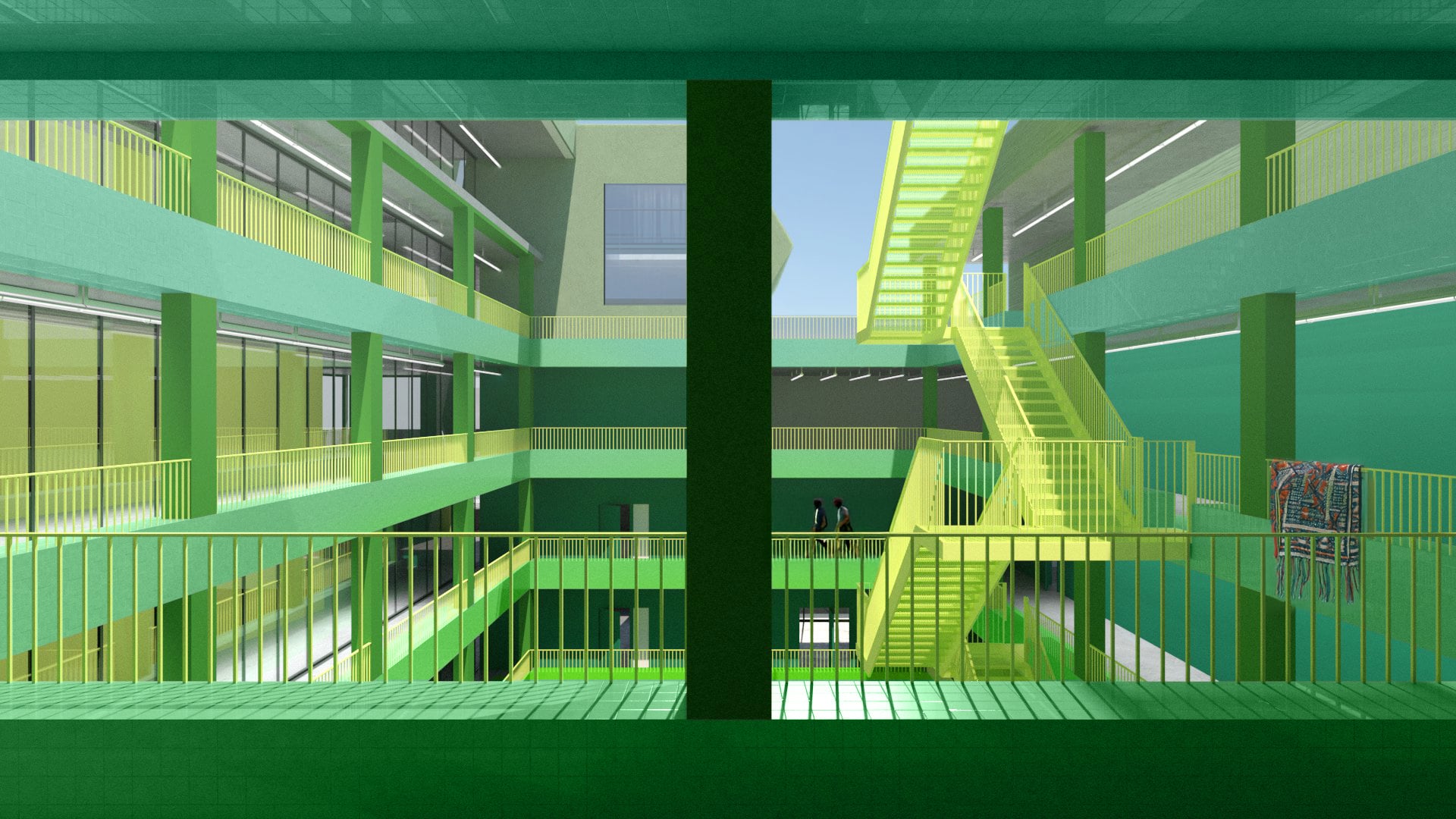 Green interior courtyard in building, rendering