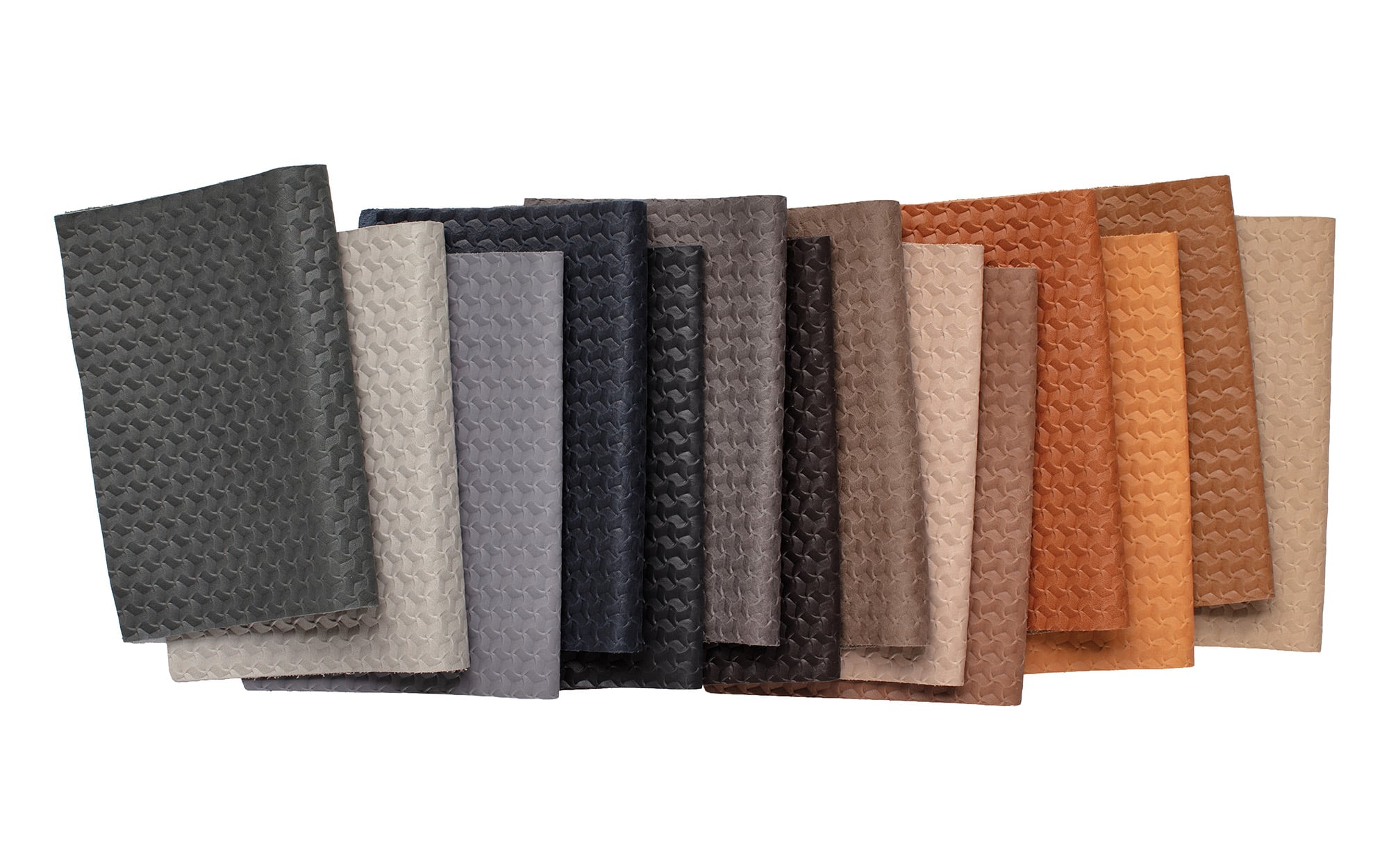 A selection of textured fabric swatches in various shades of grey, brown, and beige, arranged side by side in a fan-like pattern.