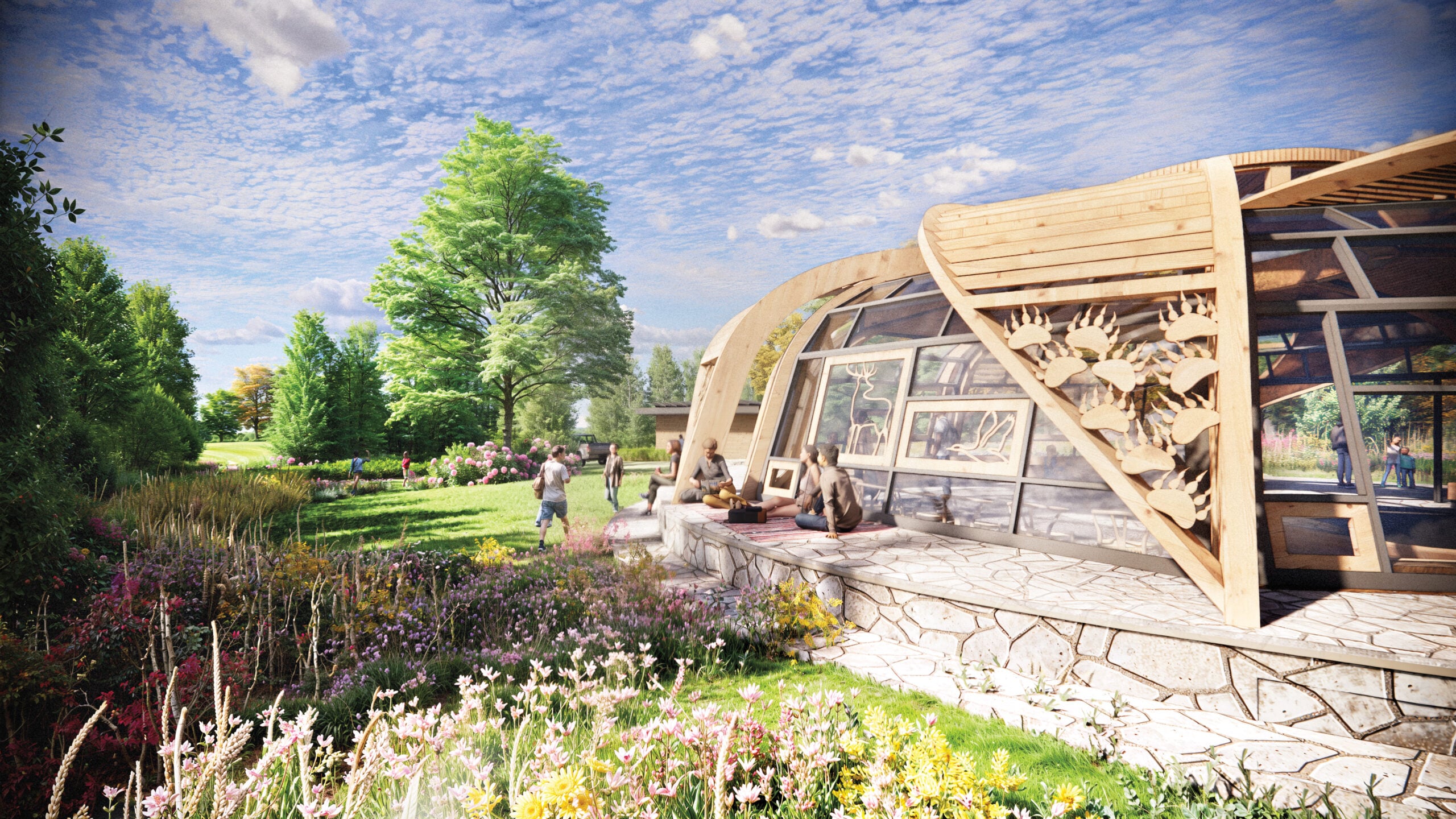 Exterior rendering of a landscape at the Lambton College Indigenous Outdoor Gathering Space