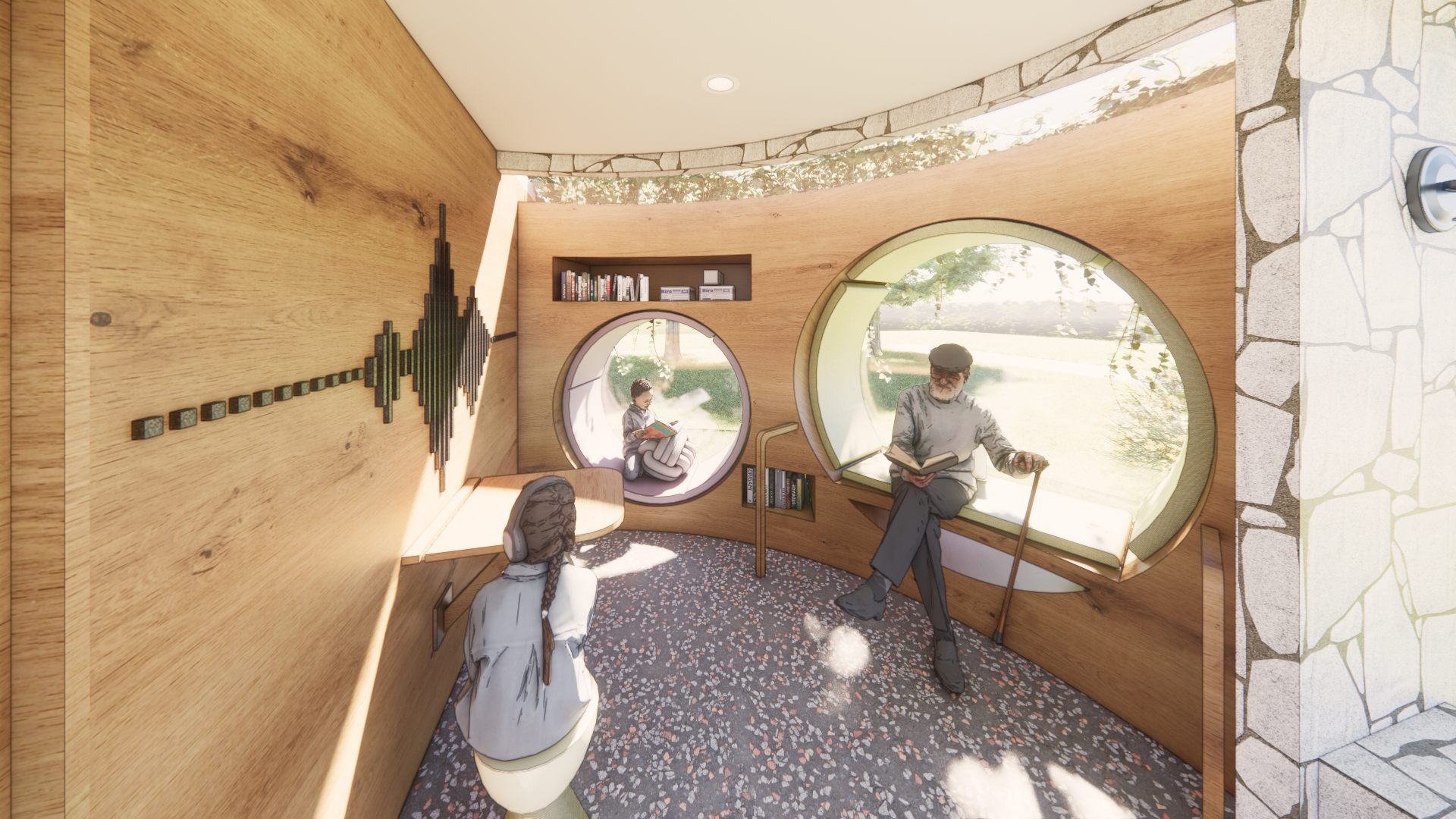 Wood interior with two round windows that double as seating nooks, three figures sit and read within the space 