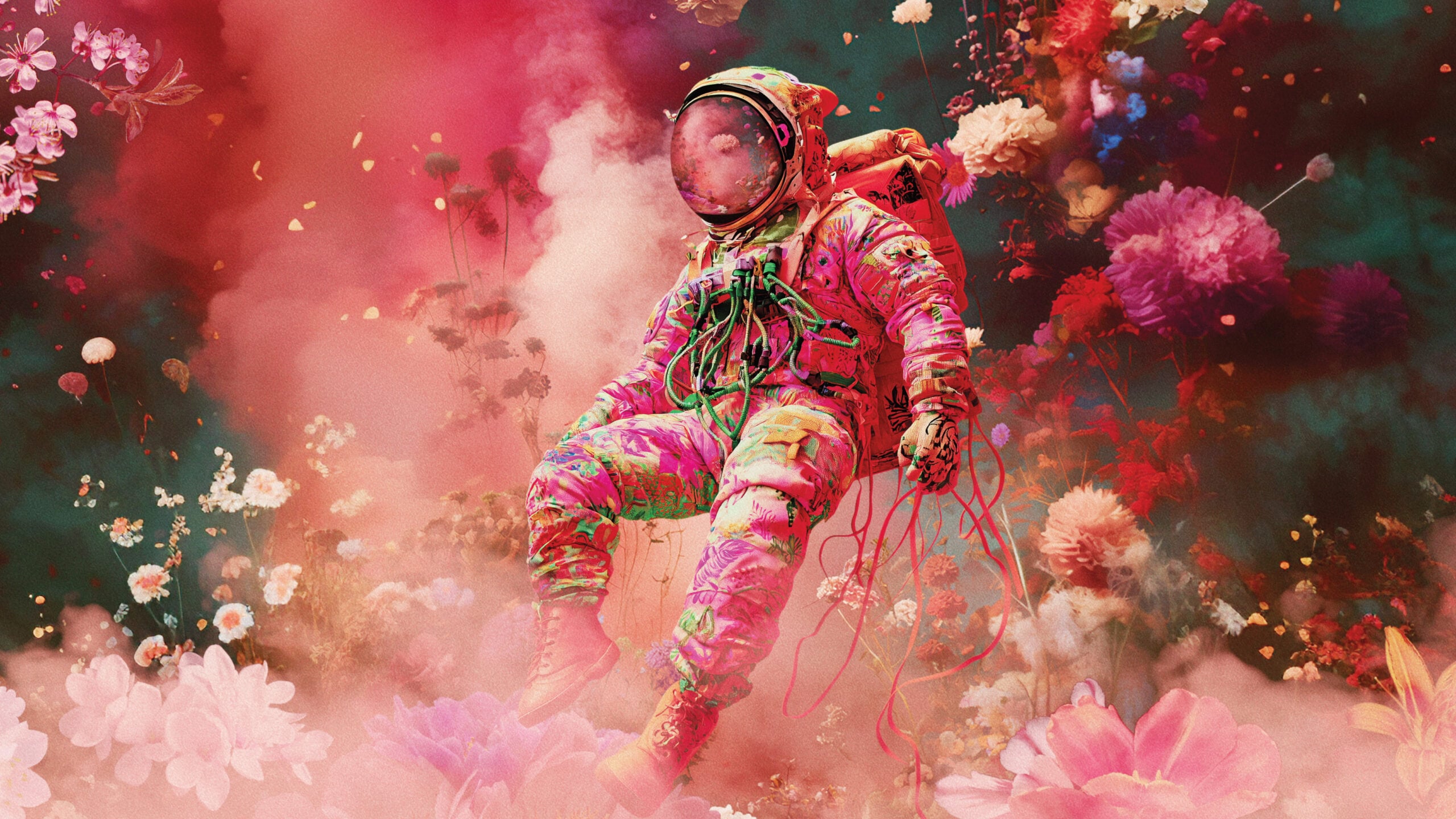 Pink, floral background with pink smoke and a floating astronaut in a  pink, floral spacesuit