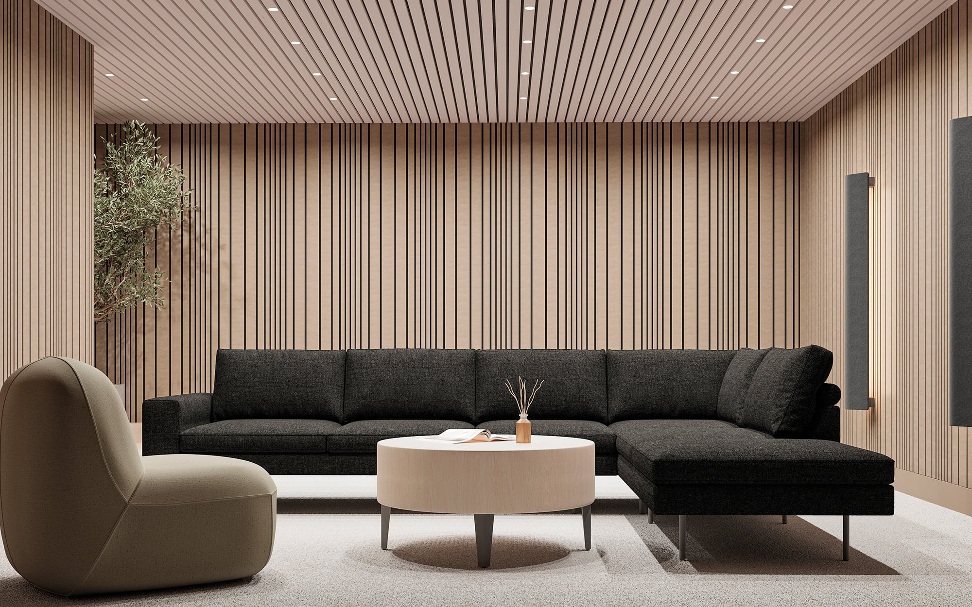 Modern living room with a black sectional sofa, light round coffee table, beige armchair, wood slat walls, and a potted plant in the corner.
