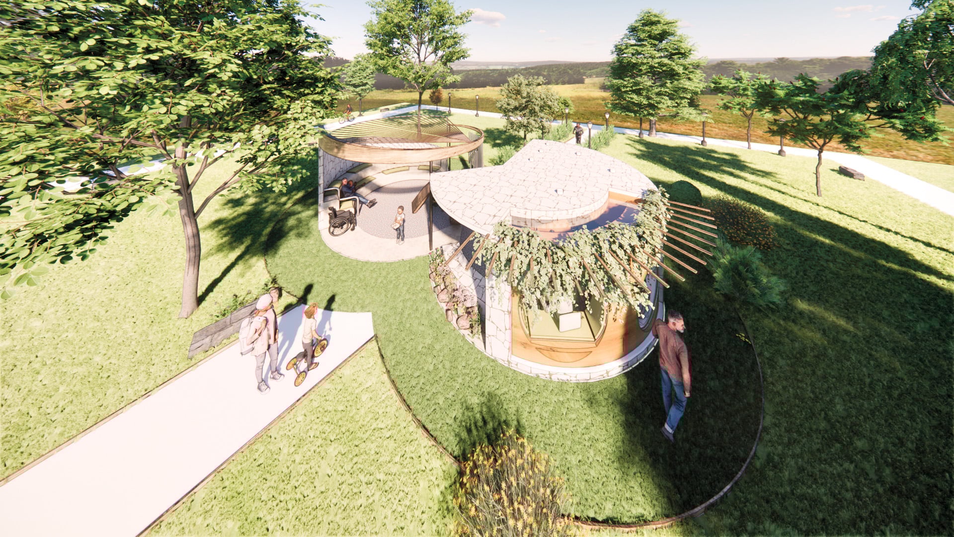 Zhuyun (Joy) Xu's student project, a rendering of an outdoor pavilion with green landscaping