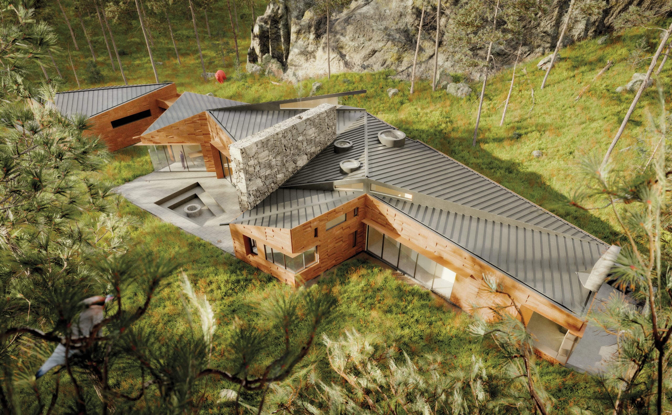 Birds-eye view rendering of a modern residential building in Keystone, South Dakota