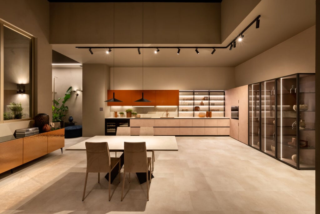 At EuroCucina/FTK, Scavolini introduced an exhibition concept "centered on contemporary living and spatial integration."  Courtesy of Salone 