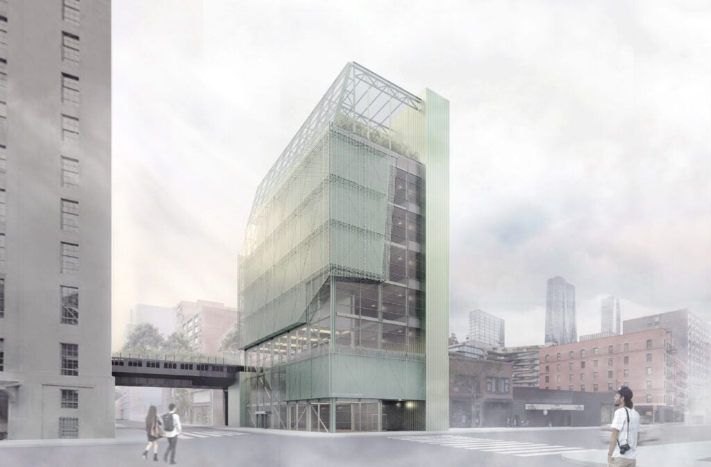 Modern, multi-story glass and metal building with a rooftop garden, situated on a city street with pedestrians in the foreground and high-rises in the background. Future100 Emily Zheng