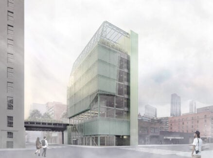 Modern, multi-story glass and metal building with a rooftop garden, situated on a city street with pedestrians in the foreground and high-rises in the background. Future100 Emily Zheng