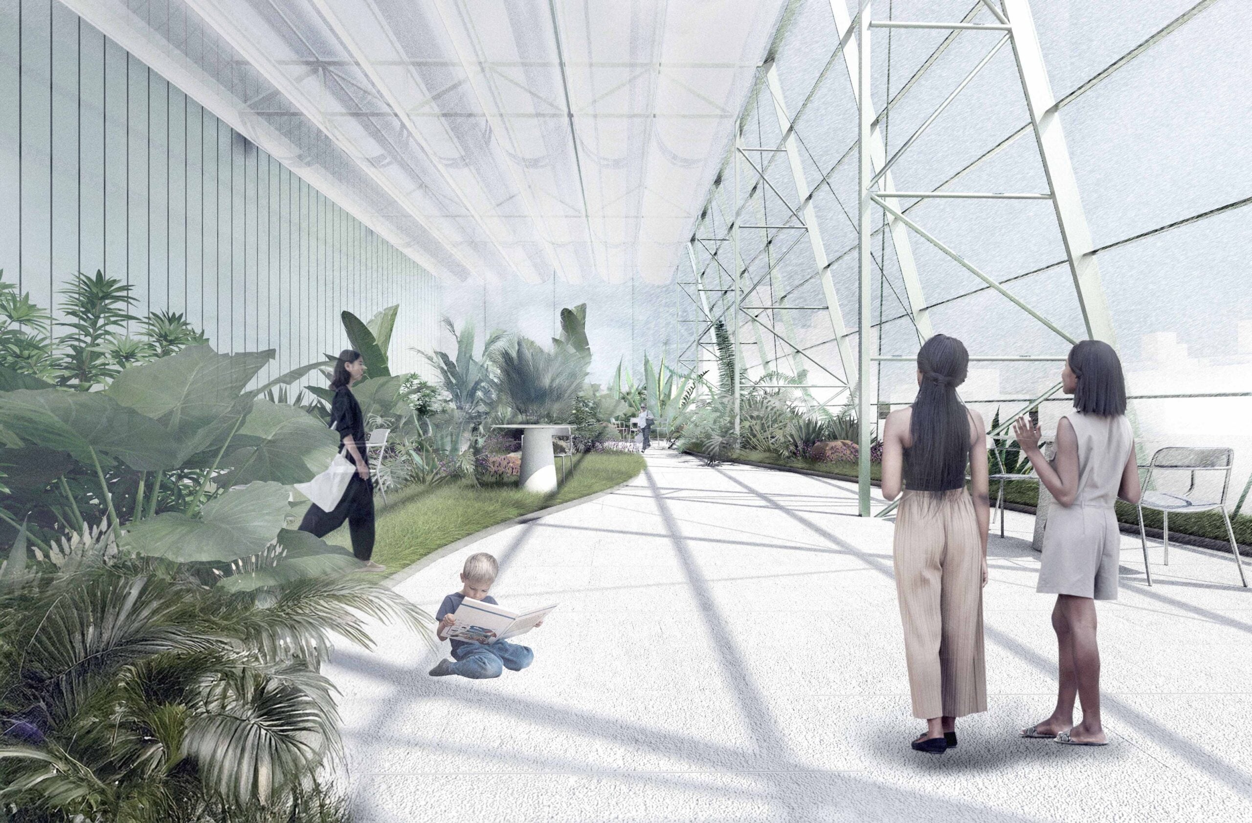 People stand and walk inside a spacious, glass-roofed greenhouse filled with lush plants; a child sits on the ground reading a book. Emily Zheng.