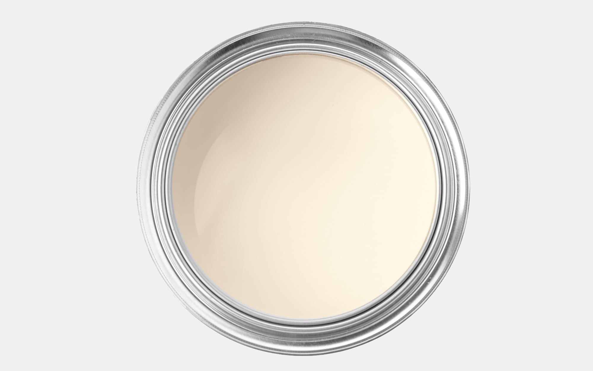 An open can of off-white paint viewed from above, showing the smooth material surface of the paint inside a silver metal rim.