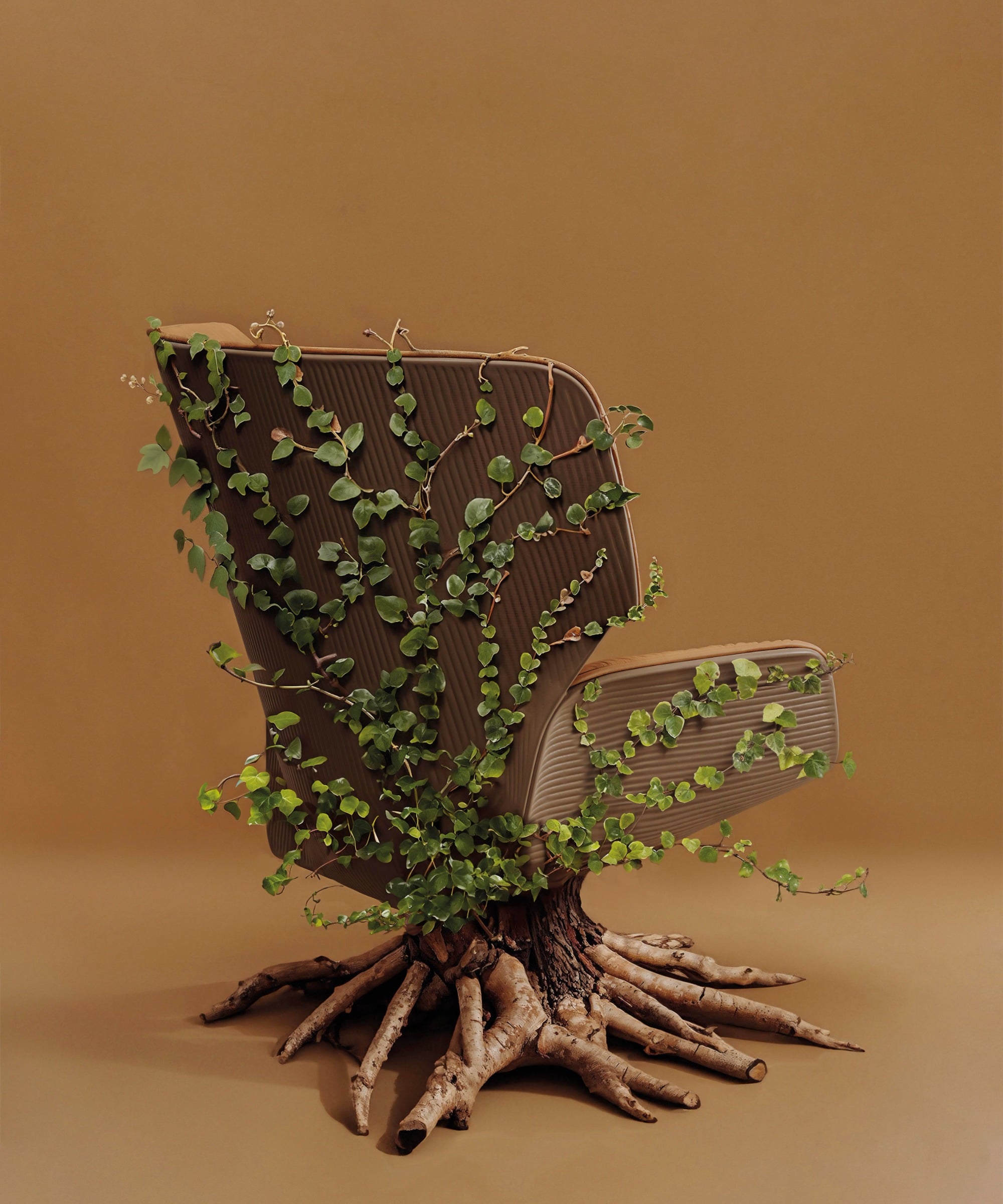A brown office chair with green vines growing over it and tree roots extending from its base, set against a plain brown background—a nod to Milan Design Week sustainable products.