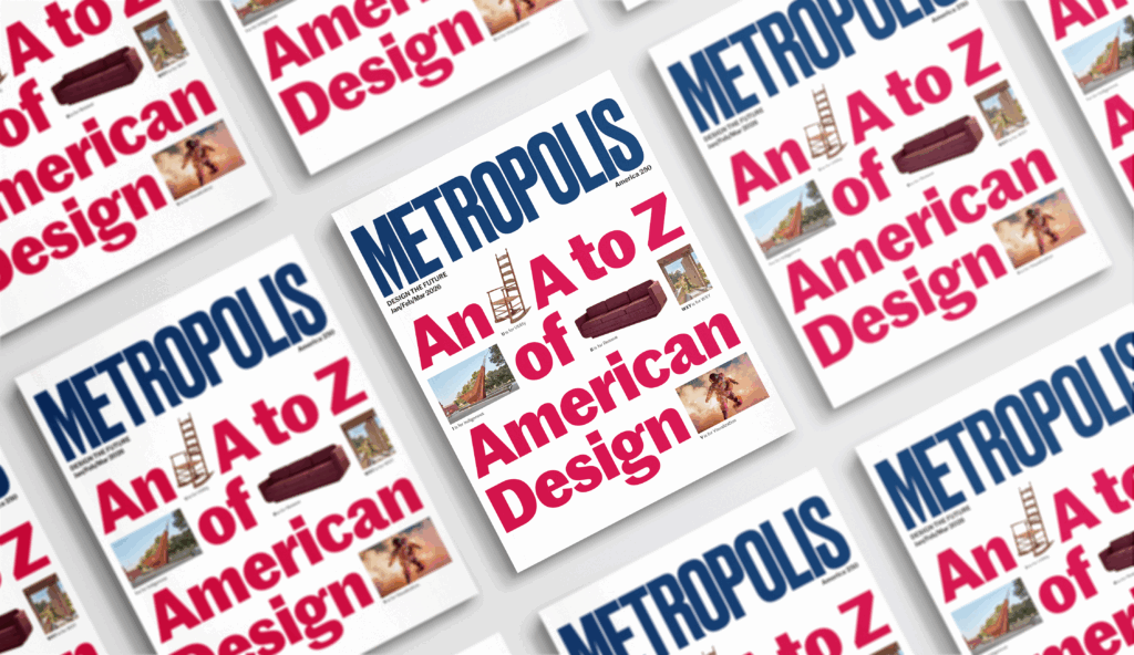 Covers of Metropolis magazine display the headline "An A to Z of American Design" with various design-related images and bold text on a white background.