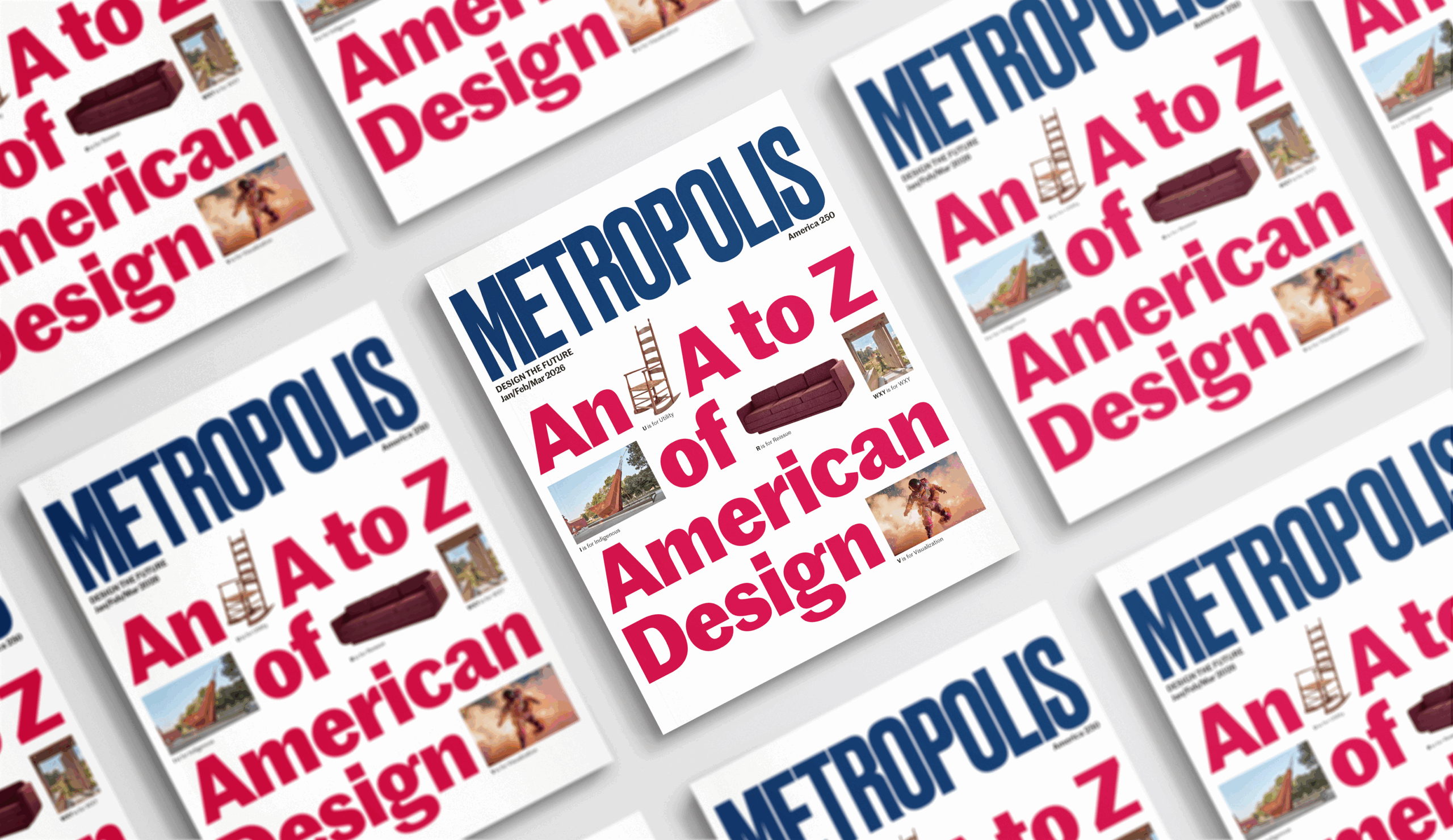 Covers of Metropolis magazine display the headline "An A to Z of American Design" with various design-related images and bold text on a white background.