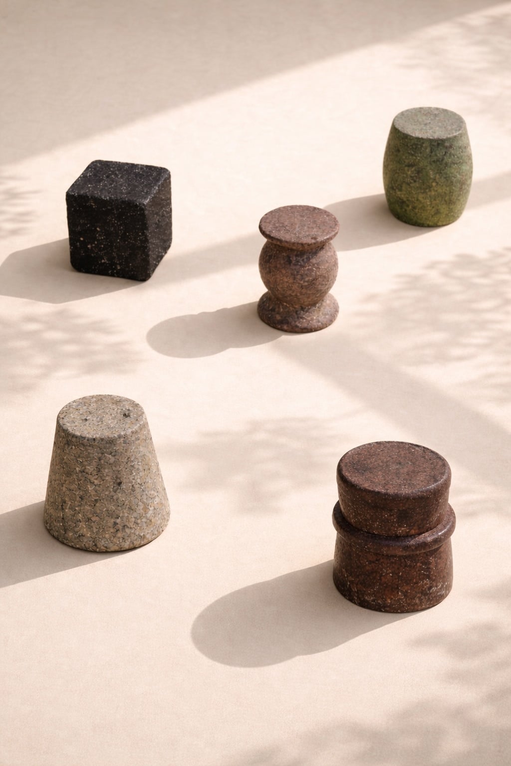Five stone objects of different shapes and colors are arranged on a light surface with soft shadows and dappled sunlight, evoking the subtle patterns often found in natural textiles.
