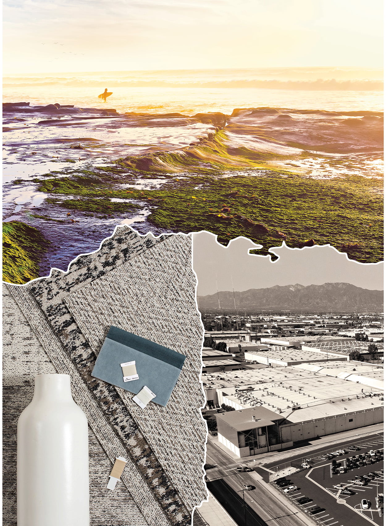 A collage featuring a surfer at a rocky beach, a material-rich rug sample with tiles and a vase, and an aerial view of an industrial area with warehouses and parked cars.