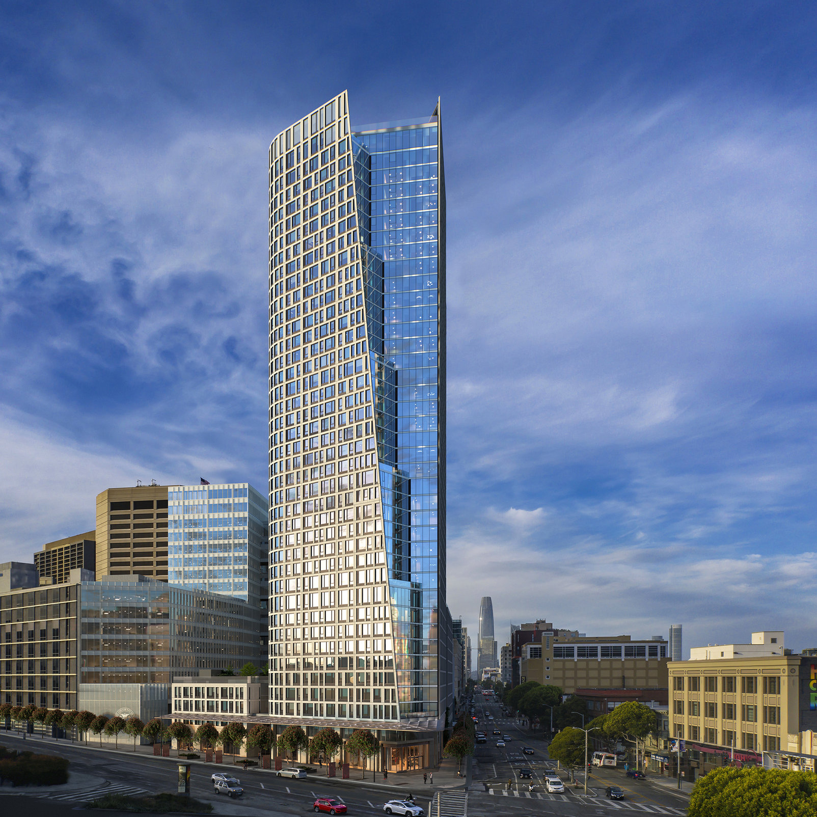 A tall, modern skyscraper with a glass and beige facade stands against a blue sky with clouds, exemplifying design that navigates sustainability roadblocks in urban architecture.