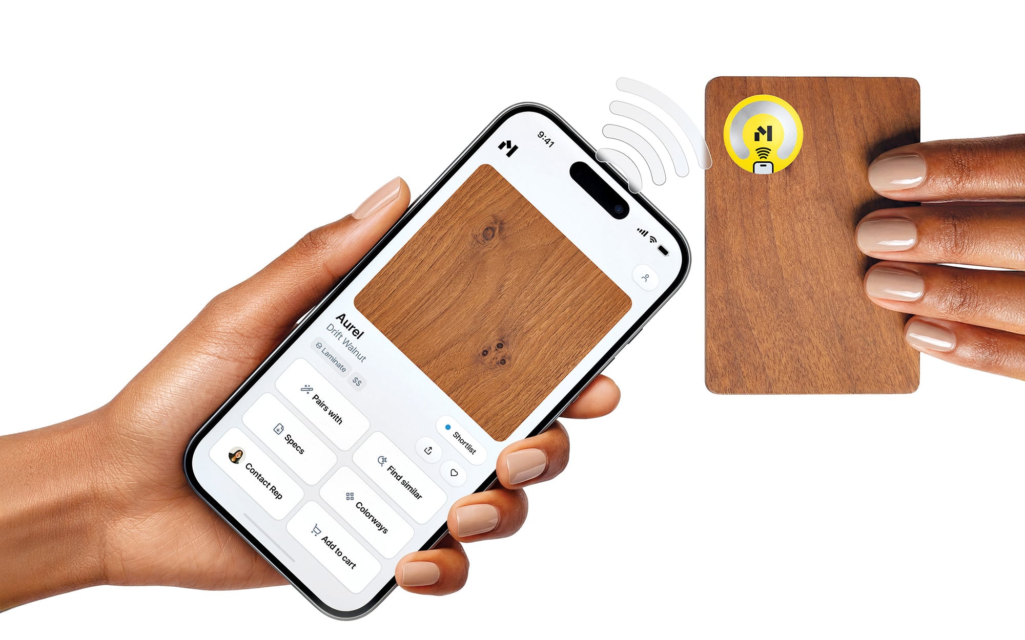 A hand holds a smartphone displaying a material-inspired, wood-themed app, while another hand presents a wooden card with a yellow contactless chip close to the phone.
