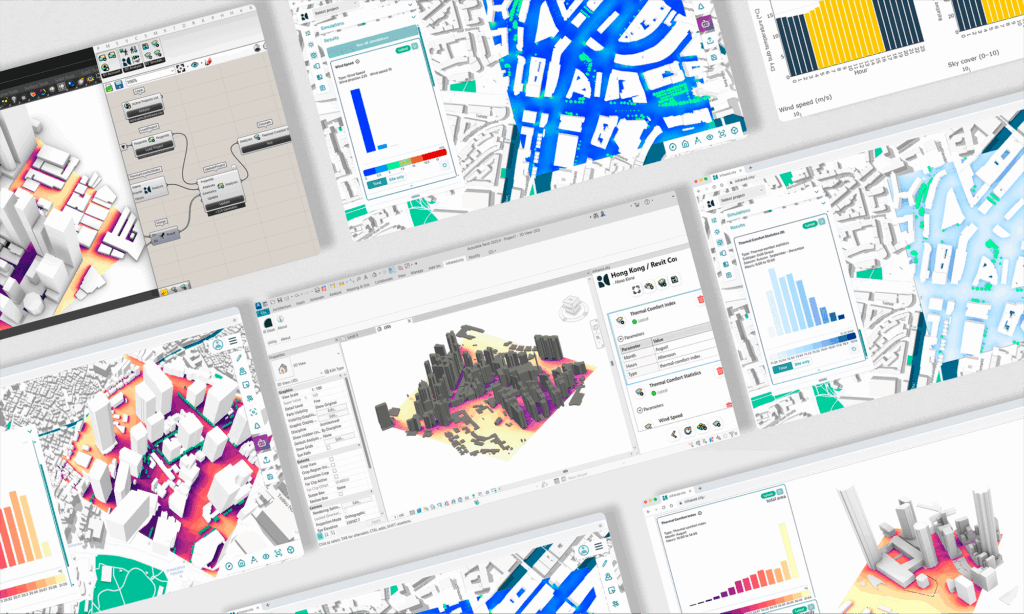 A collage of computer screens displays 3D urban models, bar charts, maps, and Sustainable Design Tools for city planning and environmental evaluation.