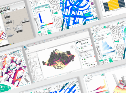 A collage of computer screens displays 3D urban models, bar charts, maps, and Sustainable Design Tools for city planning and environmental evaluation.
