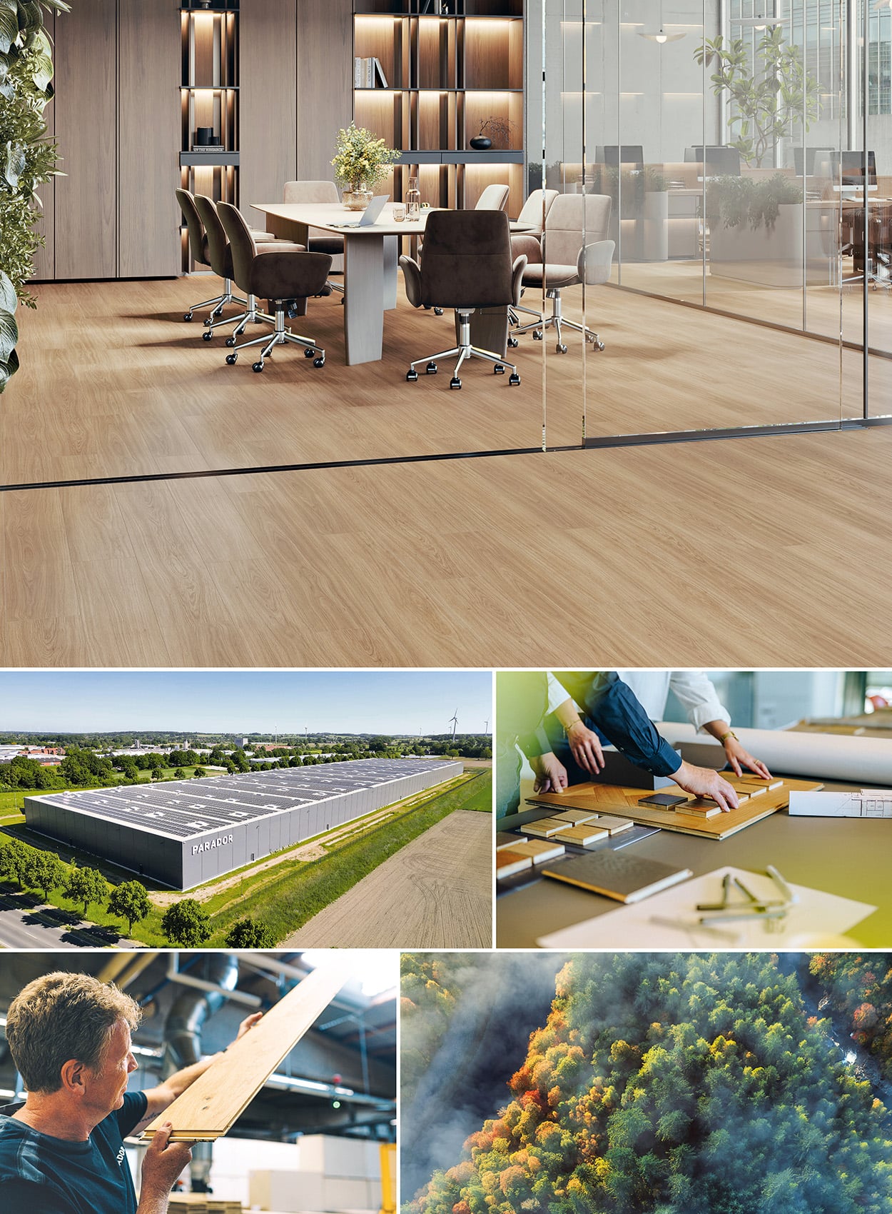 Collage showing a modern office with wood flooring, an industrial building, people working with wood material samples, a worker inspecting material quality, and an aerial view of a forest.