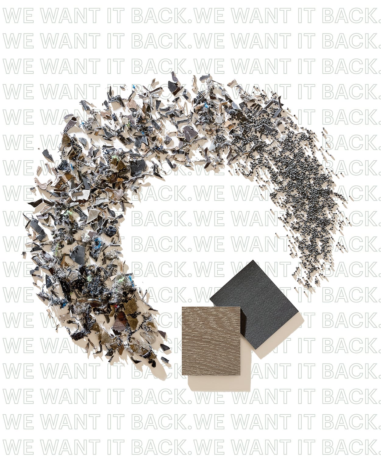 A metallic crescent of jagged fragments curves around two square textured tiles, set against repeated text reading "WE WANT IT BACK," echoing the innovative vision of the Metropolis Sustainability Lab.