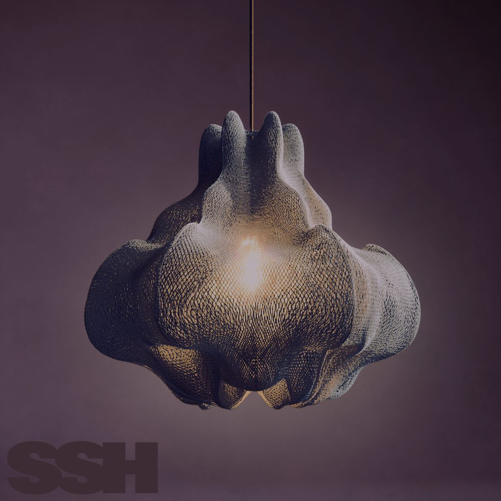 A sculptural, textured pendant light inspired by textiles, with organic, wavy shapes hangs from the ceiling, glowing softly against a dark purple background. "SSH" is visible in the lower left corner.