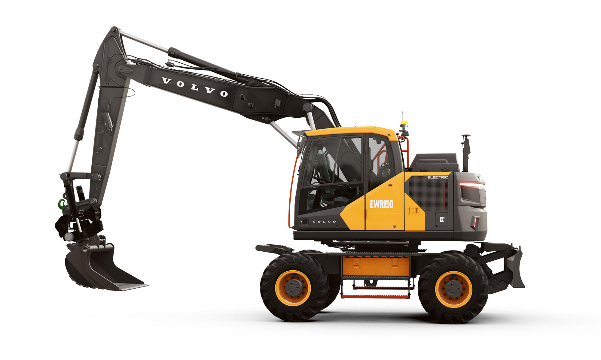 A yellow and black Volvo wheeled excavator with an extended arm and bucket attachment, photographed on a white background, ideal for tackling construction tasks and overcoming sustainability roadblocks on worksites.