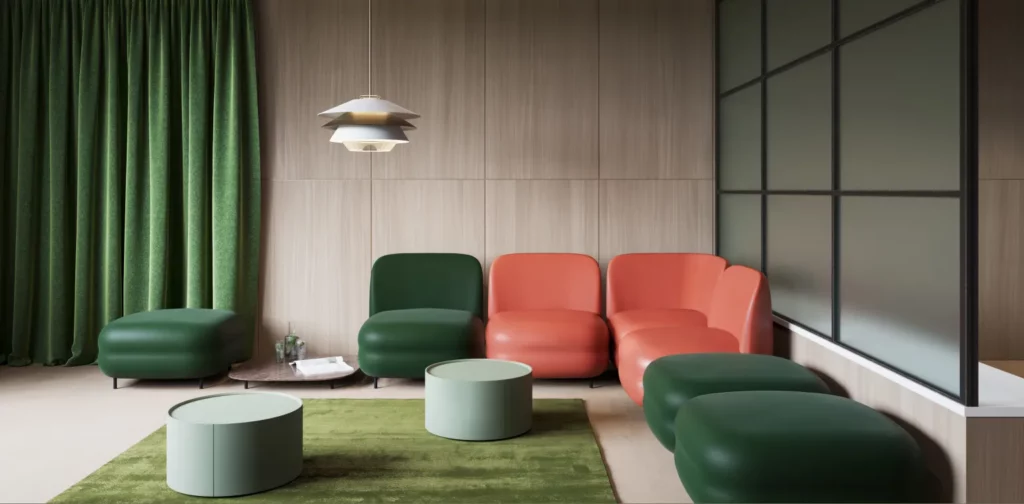 Modern lounge featuring green and orange chairs, round mint tables, a green rug, pendant light, and green curtains—perfect for showcasing stylish office products against wood-paneled and frosted glass walls.