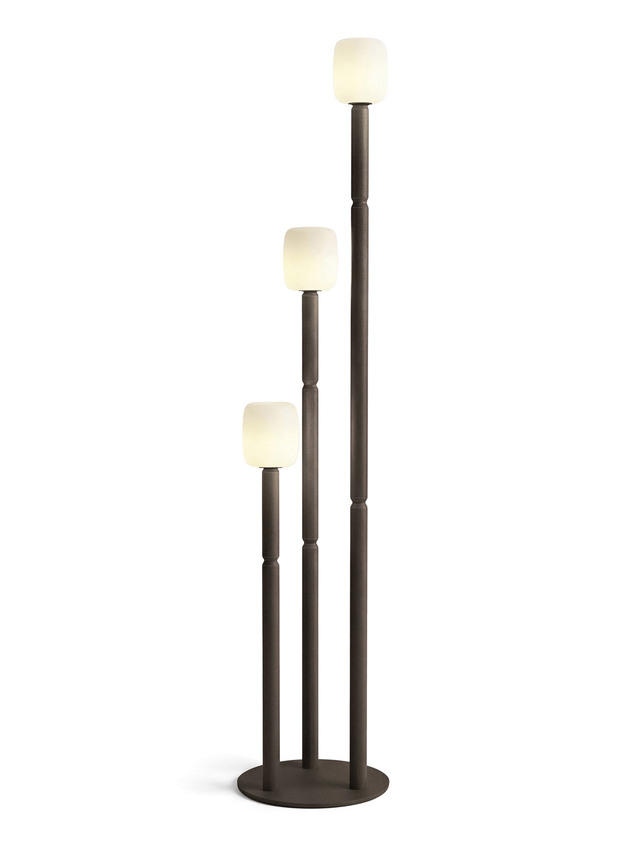 Three-tiered floor lamp by Neri&Hu with cylindrical dark bases and white frosted glass globe shades, arranged at different heights on a round base.