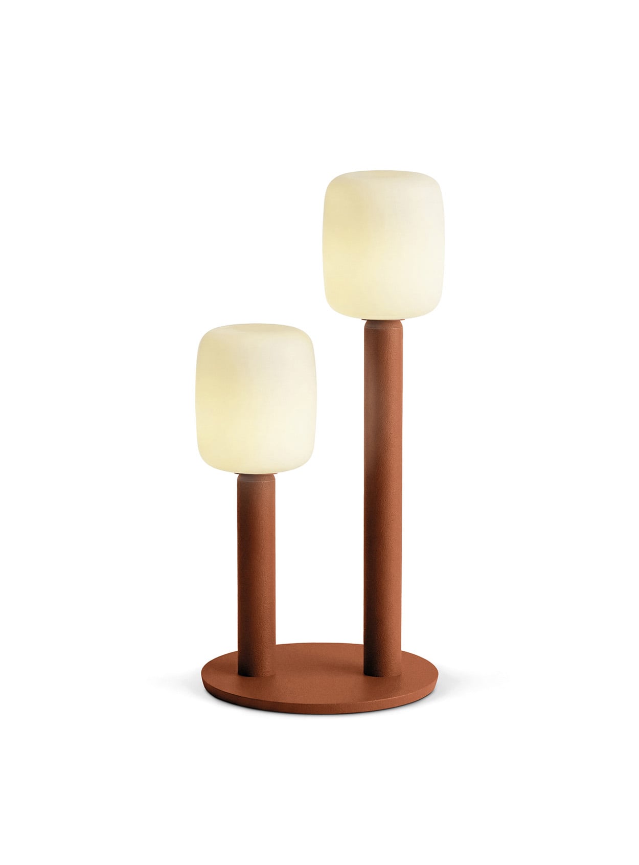 A modern table lamp with two cylindrical brown bases of different heights, each topped with a rounded white glass shade, on a circular brown platform. Neri&Hu.