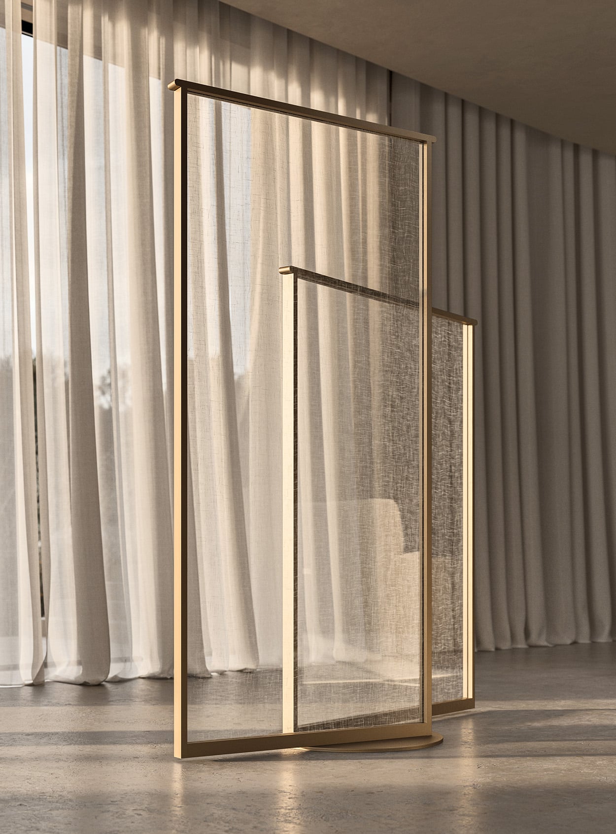 Two minimalist wooden room dividers with mesh panels stand on a concrete floor in front of large, sheer white curtains.