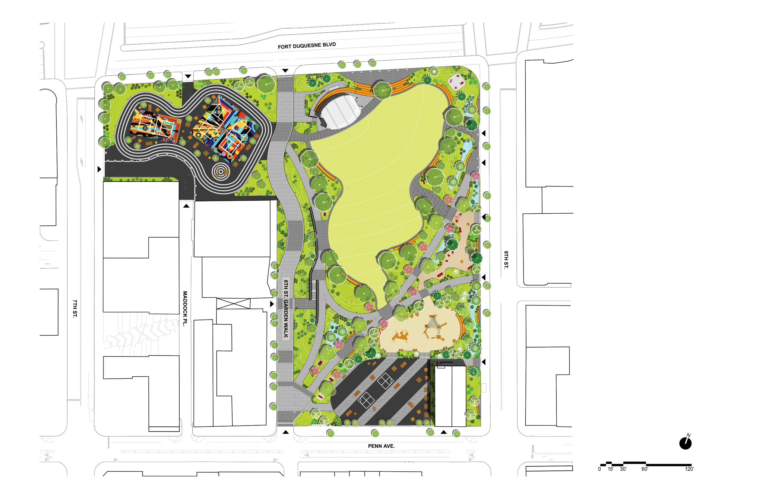 Site plan of a city park showing green spaces, pathways, a playground, parking areas, and surrounding roads labeled Fort Duquesne Blvd, 6th St, 7th St, and Penn Ave.