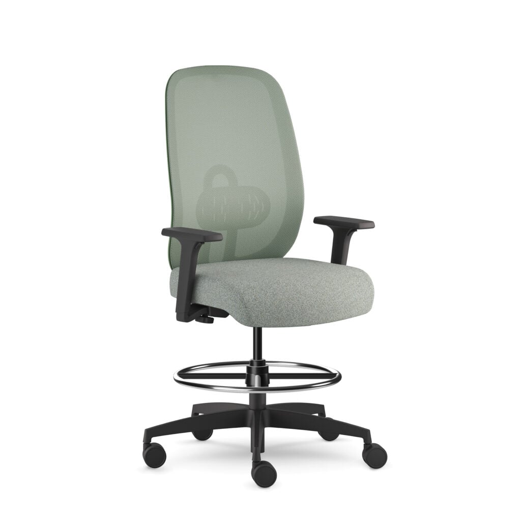 A green mesh-back ergonomic office chair with armrests, a cushioned seat, adjustable height, foot ring, and black wheeled base—METROPOLISLikes this stylish addition to any workspace.