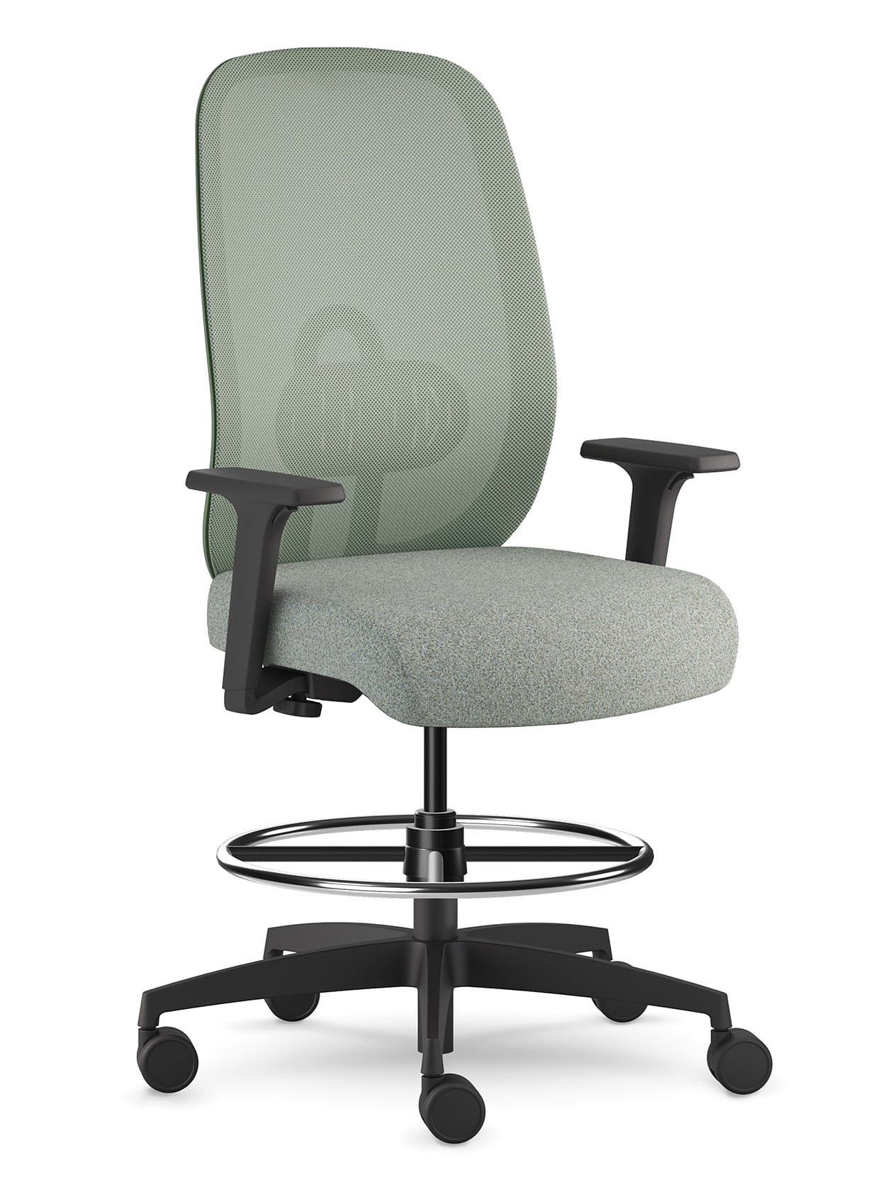 Green ergonomic office chair with mesh back, adjustable armrests, padded seat, foot ring, and five-wheel black base.