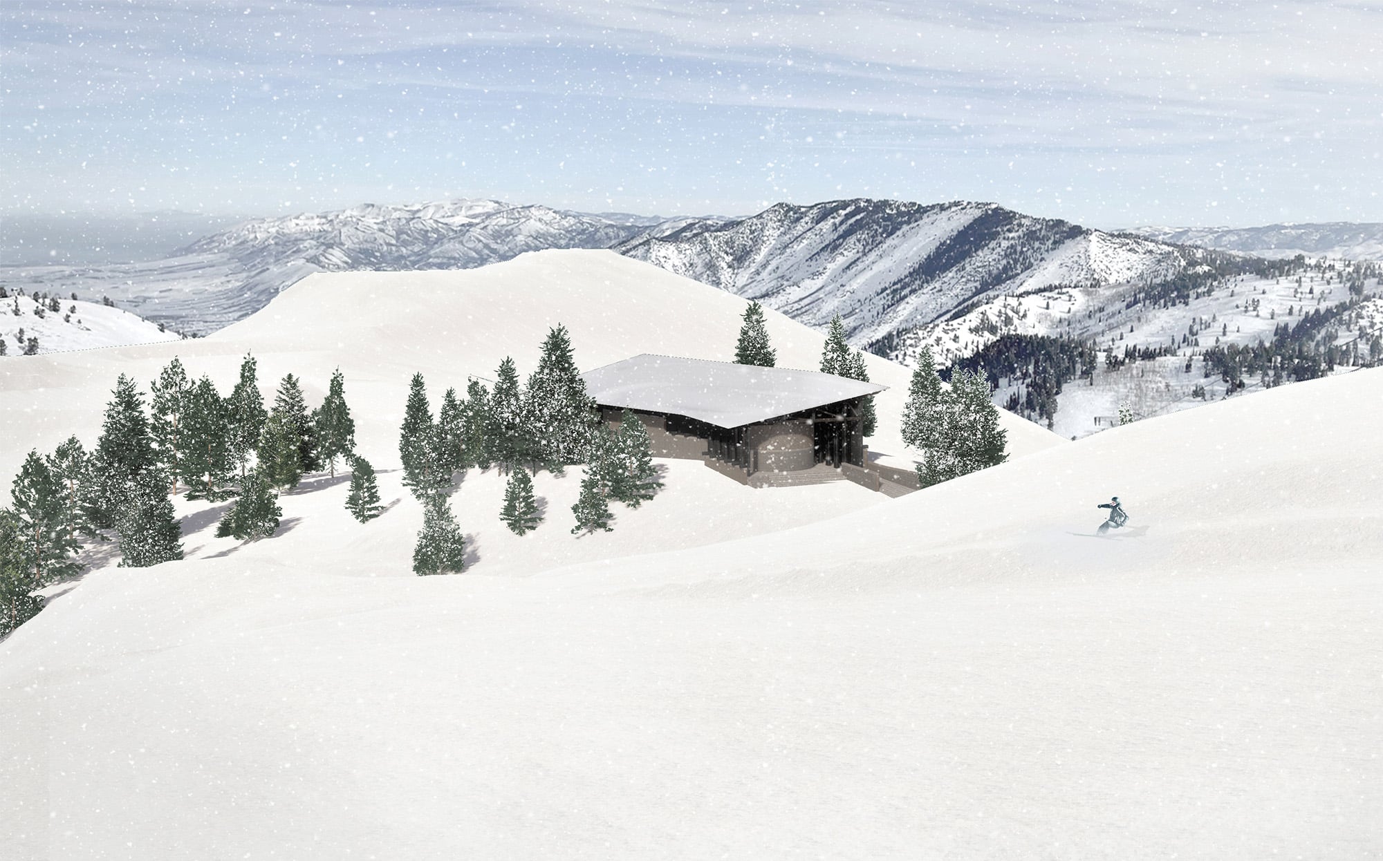 Modern cabin surrounded by snow-covered trees and mountains, with a single skier descending a slope in light snowfall under a cloudy sky.