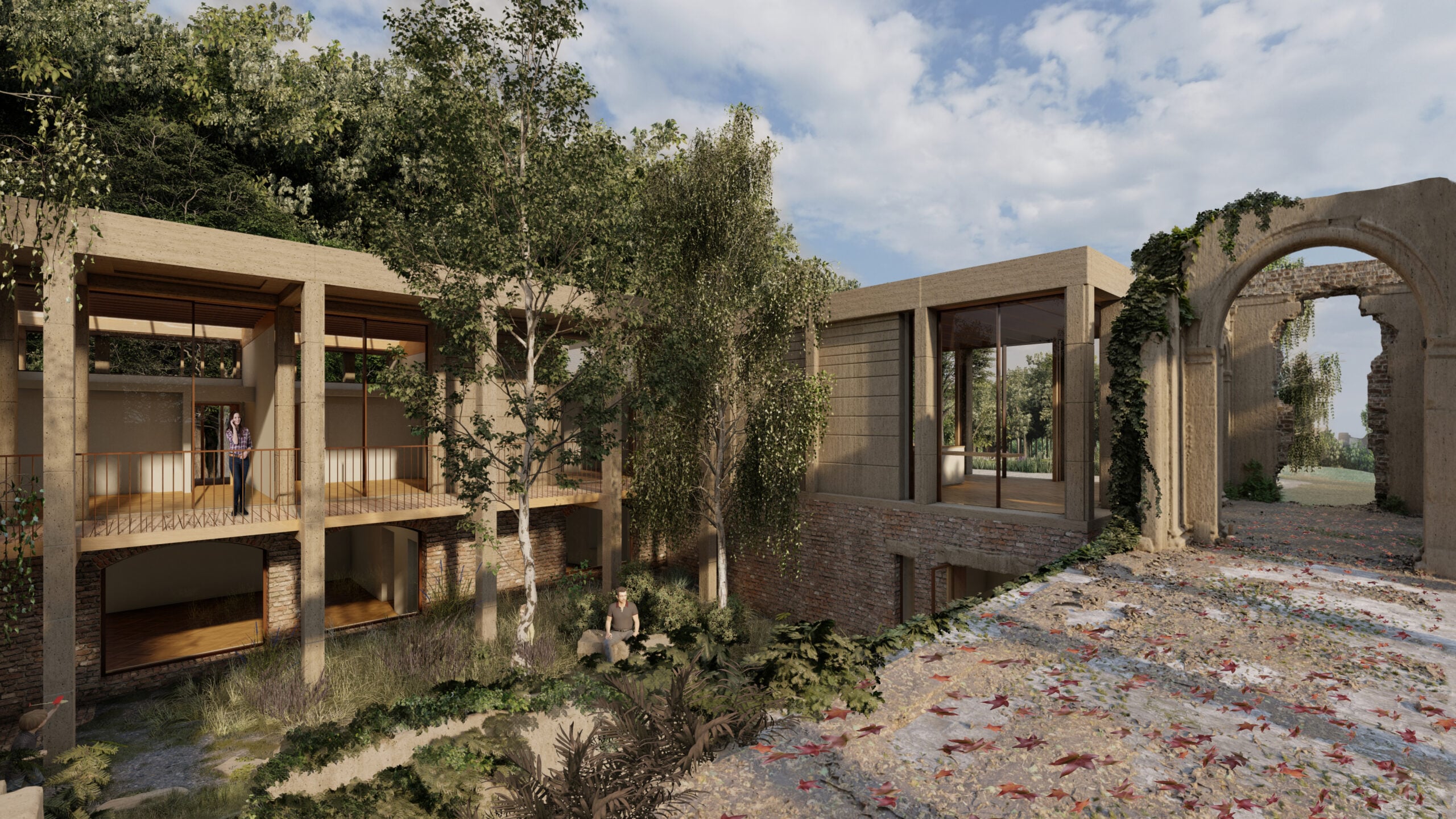 Modern building with large windows and balconies sits beside ancient stone ruins, surrounded by trees and greenery under a partly cloudy sky.