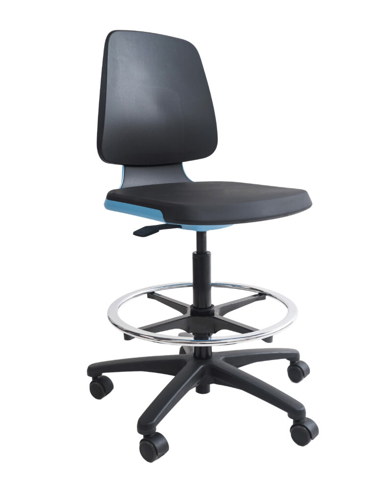 A black office chair with a plastic seat and backrest, adjustable height, a circular footrest, and five caster wheels on a star-shaped base.