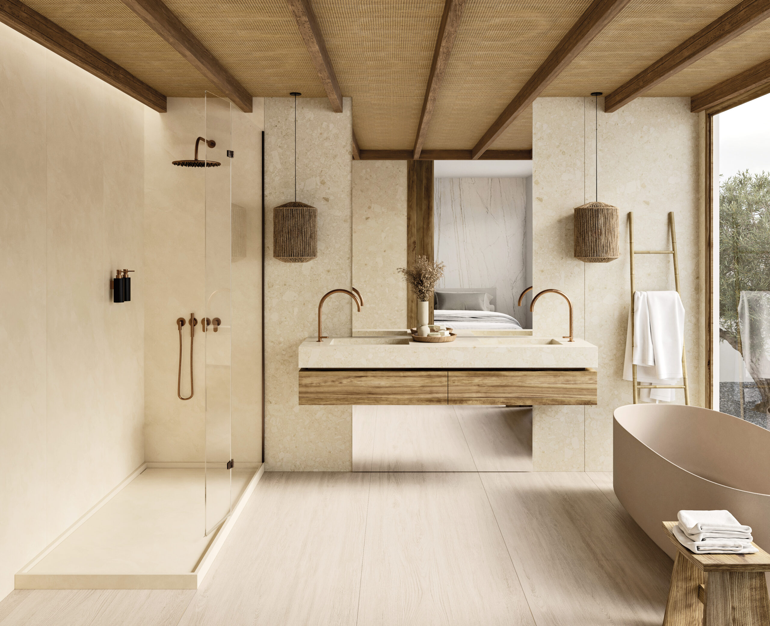 Modern bathroom with a walk-in glass shower, double sink vanity with copper fixtures, freestanding tub, and natural wood accents.