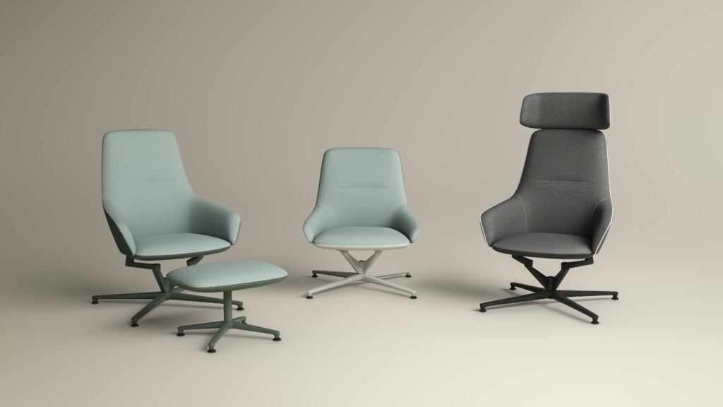 Three modern office chairs in light green, light gray, and dark gray are displayed on a neutral background as standout Office Products, with a matching footrest placed in front of the green chair.