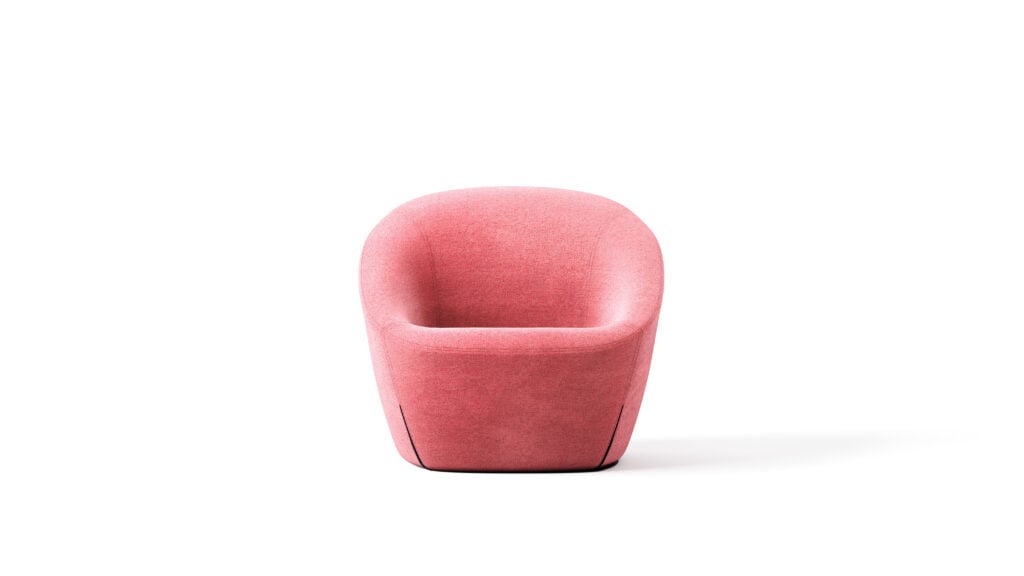 A modern, pink upholstered armchair with a curved backrest and minimalist design, styled to suit METROPOLISLikes, positioned against a plain white background.