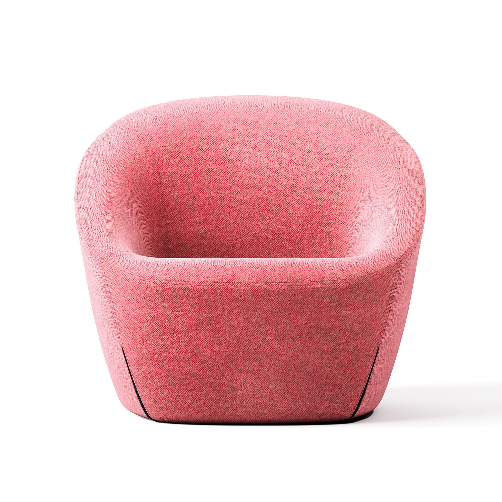 A modern, pink upholstered armchair with a rounded back and smooth, seamless design, shown against a white background.