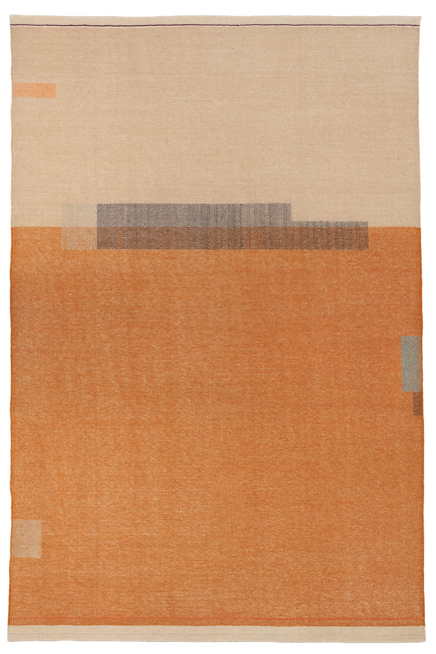 Rectangular woven textile with large orange section on the bottom, beige on top, and small rectangular accents in grey, beige, and light blue.