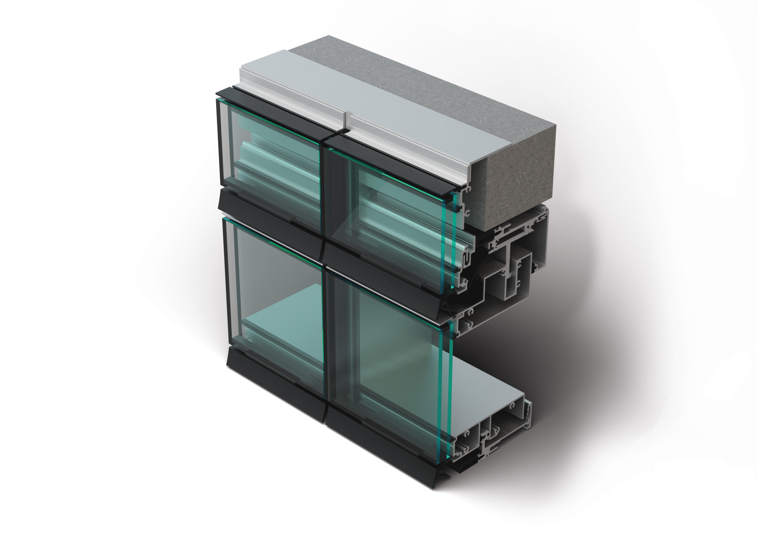 A cross-section of a glass and metal curtain wall system showing the structural frame, insulation layer, and double-glazed glass panels.